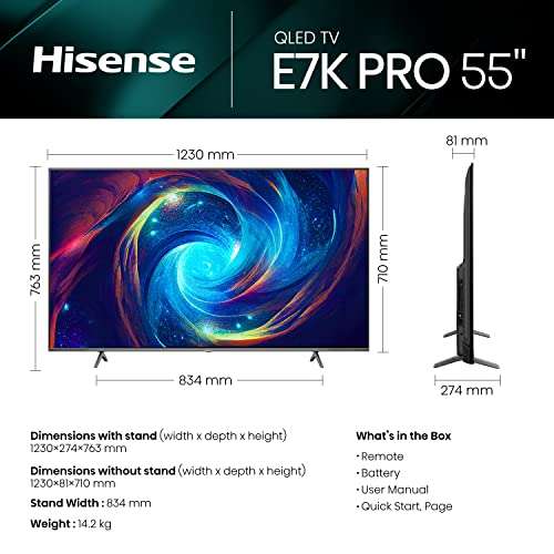 Hisense 55 Inch 144Hz QLED Gaming TV 55E7KQTUK PRO - 144Hz VRR, HDMI 2.1, Freesync Premium, Quantum Dot Colour, VIDAA U7