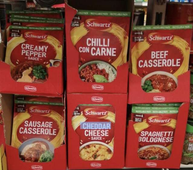 Schwartz mixes/Creamy pepper sauce/chilli con carne/Sausage or beef casserole/cheddar cheese sauce 59p found in Farmfoods, Grantham