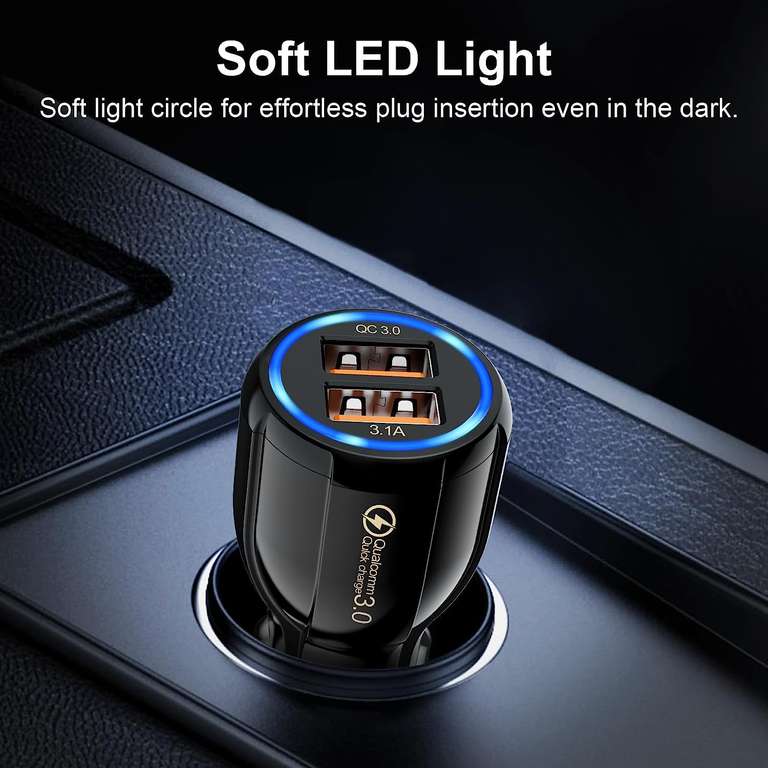 USB Car Adapter Cigarette Lighter USB Charger, 2 Port (USB 3.1 30W / USB 3.0 18W) USB Phone Charger