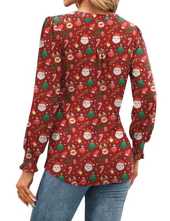Womens V Neck Tops Puff Short Sleeve T-Shirt Pleated Floral Printed ...
