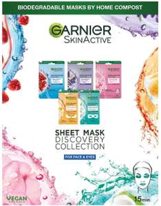 Garnier Sheet Mask Discovery Collection, Face & Eye Sheet masks / Pack of 5 Sheet Masks £10 or £6.50 with S&S