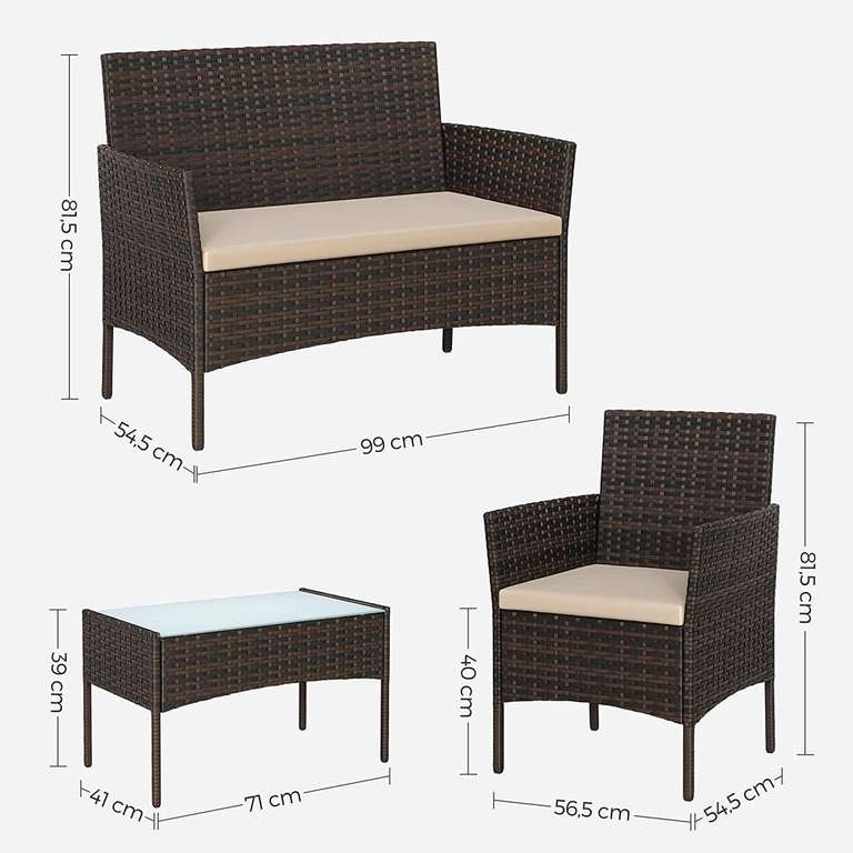 SONGMICS PE Rattan Outdoor Furniture Set - 2 Seater Sofa, 2 x Chair, 1 x Coffee Table - W/Code