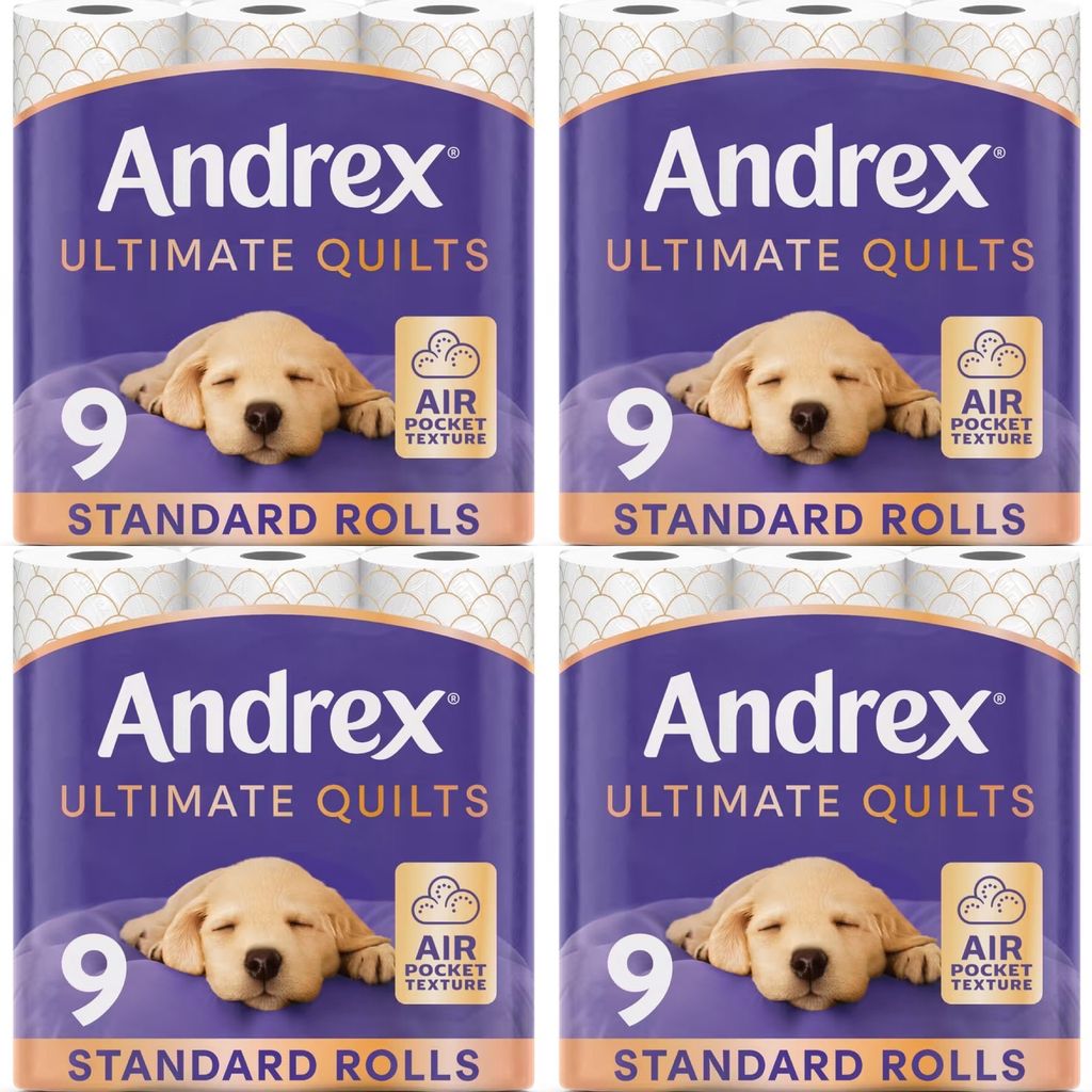4 x Andrex Ultimate Quilt Toilet Roll - 9 Toilet Rolls, 3-Ply, Soft, Thick Sheets (Total 36 Rolls) - £13 / £11 S&S