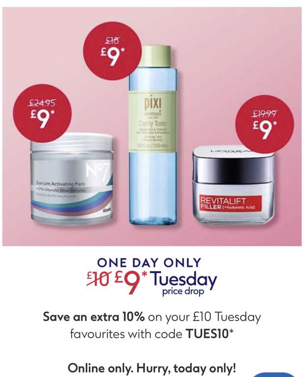 Boots Tuesday £10 deals - Extra 10% off with code (£1.50 Click & Collect applies under £15)
