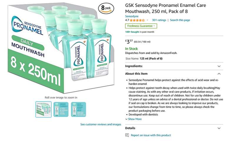 GSK Sensodyne Pronamel Enamel Care Mouthwash, 250 ml, Pack of 8 - Amazon Fresh (Selected Locations, Min Spend Applies)