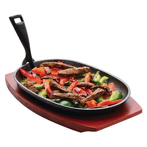 Olympia Cast Iron Oval Sizzler with Wooden Stand 280mm, Size: 280(W) x 190(D)mm - Ideal for Serving Curries, Steaks, Kebabs