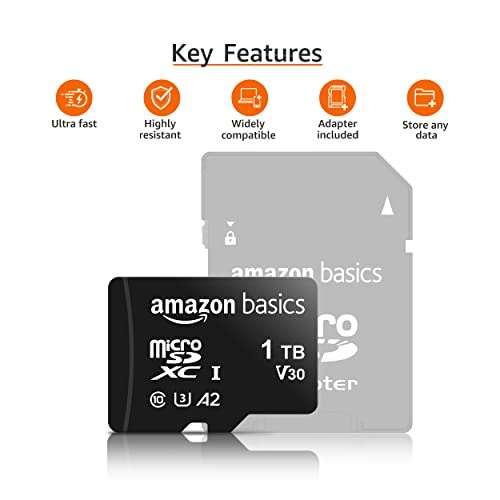 Amazon Basics - MicroSDXC with SD Adapter, A2, U3, Black - 64GB 2 pack £7.19 / 128 GB £9.98 / 256 GB £10.87 / 512 GB £29.39 / 1TB £69.11