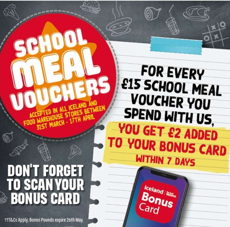 School Meal Vouchers promotion £2 added to Bonus card for every £15 School Voucher redeemed in Iceland/Food Warehouse