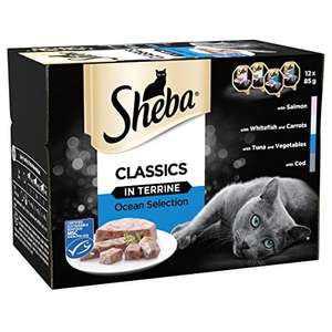 Sheba Classics in Terrine/Ocean Collection/Wet pate trays for adult cats – 48 x 85g - £12.99 (+£4.99 Non Prime or £11.04 with S&S) @ Amazon