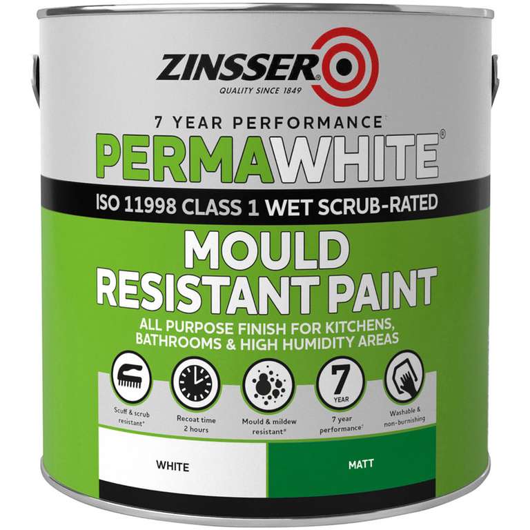 Zinsser Perma White Mould Resistant Interior Matt White Paint - 2.5 Litres x2 Tins - via App First Order Discount - Free Click & Collect