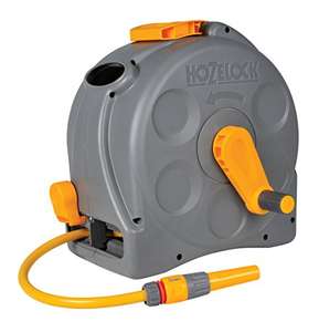 HOZELOCK - 2-in-1 Compact Hose Reel 25m, Portable/Wall-mounted Plastic Reel, Easy Rewind Function, Supplied with Nozzle, Fittings & Fixings