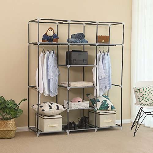 Non-Woven Fabric for Bedroom Gray GlobalDeal Direct Wardrobe with Durable canvas Shelves Clothes Cabinet Clothes Storage Organiser with Door and Hanging Area 