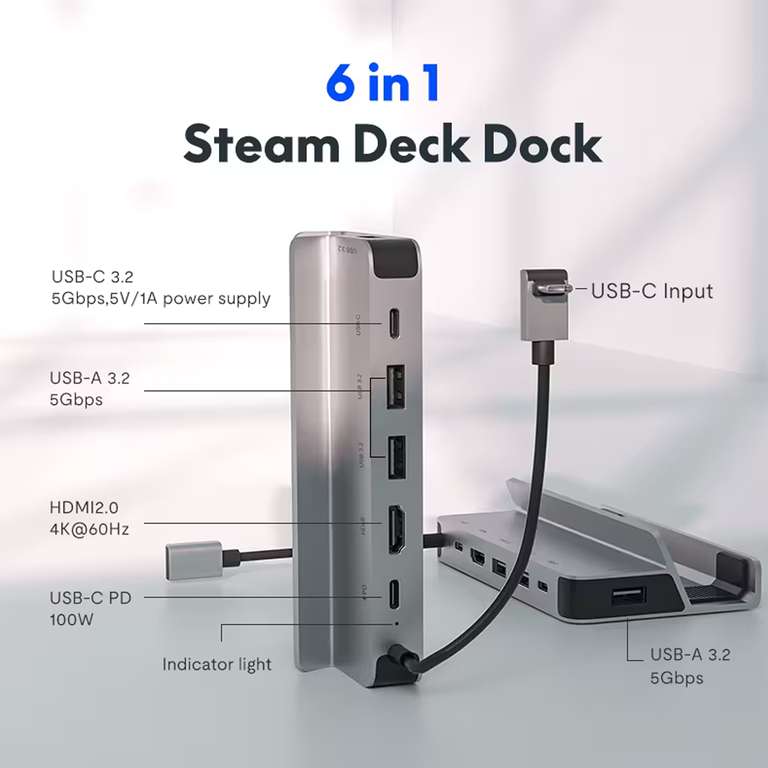 Flexispot 6-in-1 USB Docking Station - Steam Deck / Tablets / Phones - HDMI 4K@60Hz / USB C PD100W - Use Code