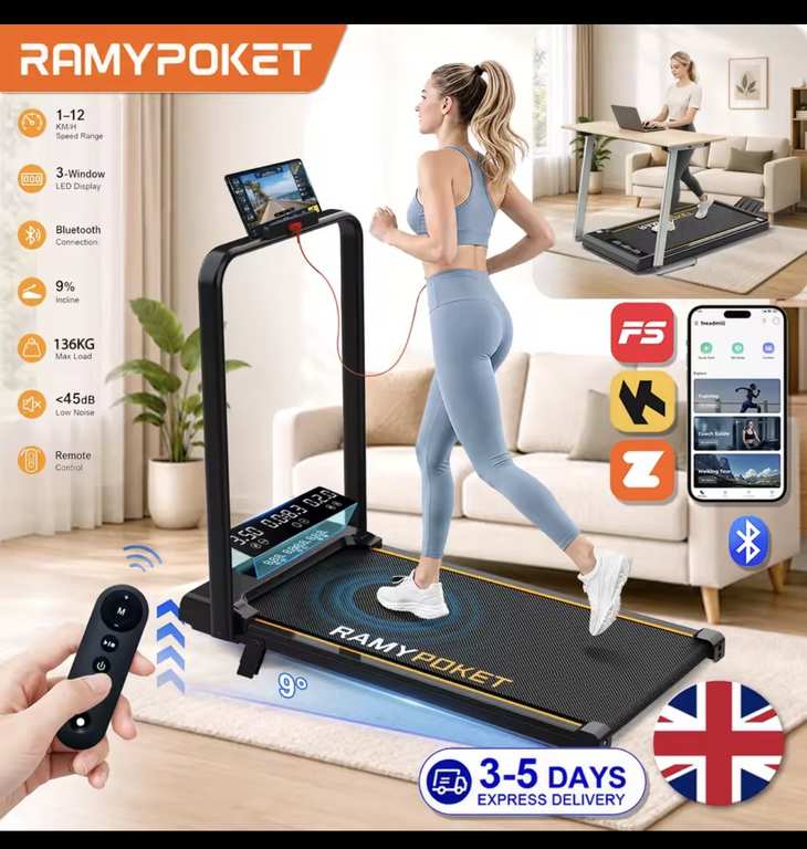 RAMYPOKET Treadmill For Home Use Foldable With Incline 12% App Control 1-12km/h W/Code @ RADCLIFFE WINES LTD1 Store
