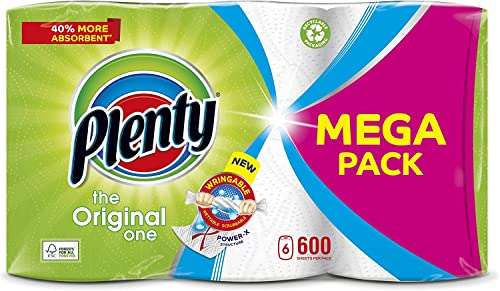 PLENTY Kitchen Towel, 6 White Rolls, 600 Sheets of Kitchen Roll, 2-Ply Tissue - (£8.90 with subscribe and save)