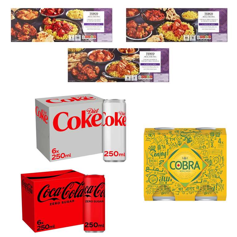 Indian Chicken Meal Deal for two (1.3kg) + 4 x 330ml Cobra or 6 x 250ml diet / coke zero = £8 (Clubcard Price) @ Tesco