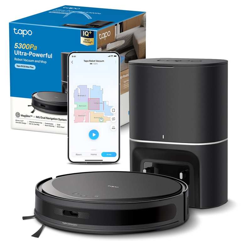 Tapo RV20 Max Plus 5300Pa Suction Robot Vacuum Cleaner with Mop, Ultra-Slim Design, Faster Mapping With MagSlim, Auto-Empty Dock