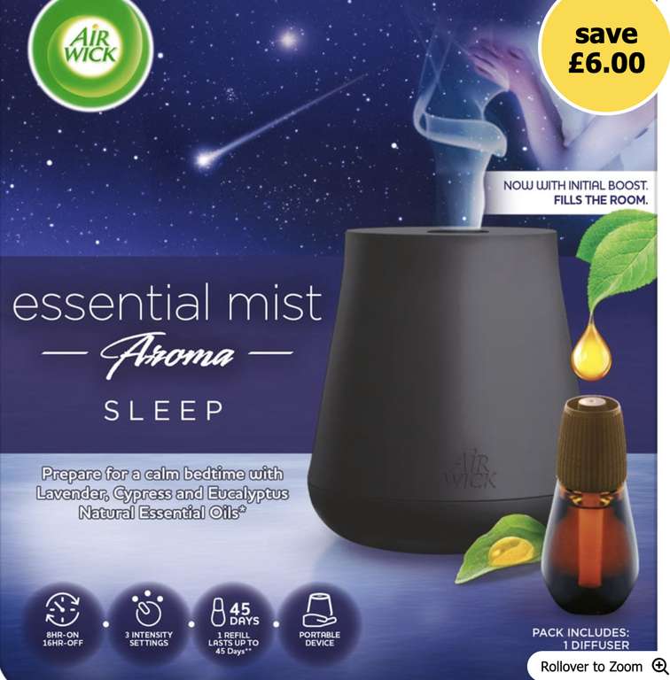 Air Wick diffuser Kits eg Morning Meadow / Peony and Jasmine / Cypress and Eucalyptus Essential Mist Diffuser Kit 20ml C&C (Selected Stores)