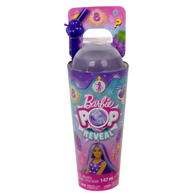 Barbie Pop Reveal Fruit Series Doll, Grape Fizz Theme with 8 Surprises Including Pet & Accessories, Slime, Scent & Color Change