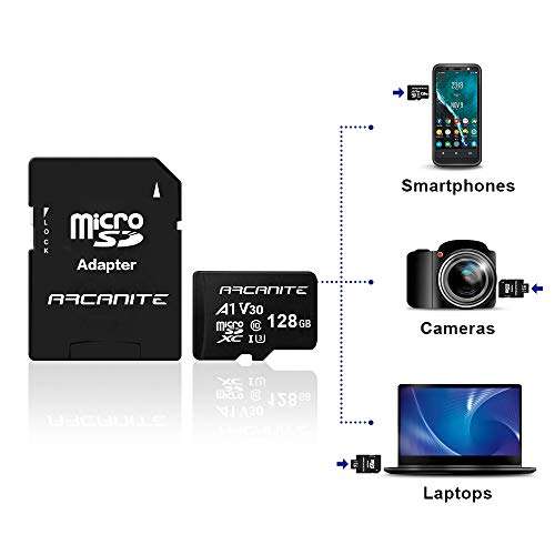 Arcanite 128GB microSDXC Memory Card with SD adapter - A1, UHS-I U3, V30, 4K, C10, microSD, 90MB/s maximum read speed