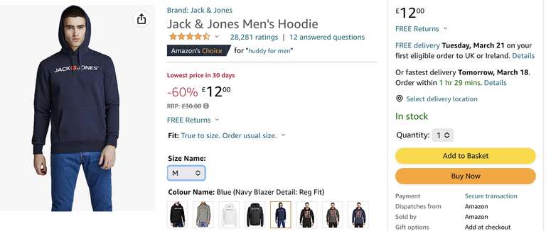 Jack & Jones Men's Hoodie Blue, Small to XXL, £12 @ Amazon
