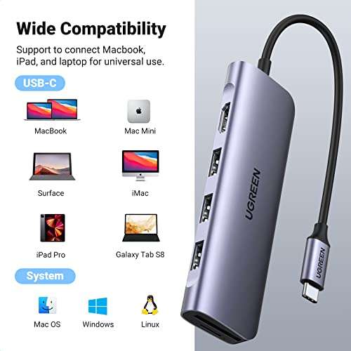 UGREEN USB C Hub Multiport Adapter, 6-in-1 USB C to HDMI w/ 4K HDMI, USB 3.0 Data Port, SD/TF Card Slot - £18.74 sold by Ugreen / FB Amazon