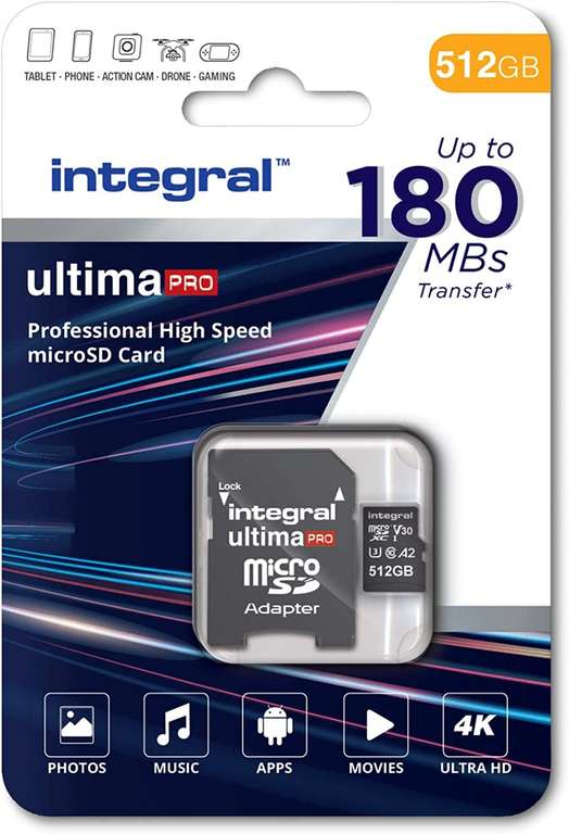 Integral 512GB Micro SD Card 4K Video Read Speed 180MB/s and Write Speed 150MB/s MicroSDXC A2 C10 U3 UHS-I 180-V30 - £43.95 @ Amazon