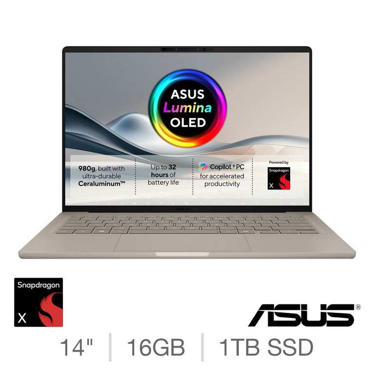 ASUS Zenbook A14 Copilot+ PC, Snapdragon X, 16GB RAM, 1TB SSD, 14 Inch OLED Laptop, UX3407QA-QD244W - Automatic Discount At Checkout