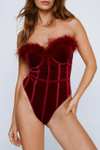 Velvet Feather Trim Underwire Corset Bodysuit + Free Delivery with code
