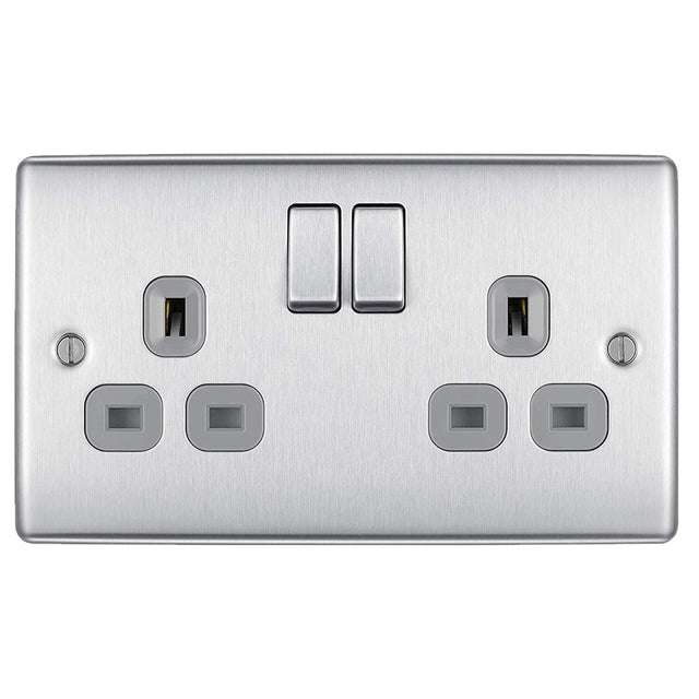 BG Nexus NBS22G 2 Gang Brushed Steel 13A Socket - Grey Inserts free delivery with code