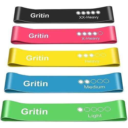 Gritin [Set of 5] Skin-Friendly Resistance Fitness Exercise Loop Bands with 5 Different Levels + Carrying Case Sold by Flying-Store FBA