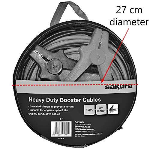 Sakura Heavy Duty Booster Cables Jump Start Leads - 400 Amp 3mtr Colour Coded Clamp - For Cars Up To 3.0L , flat battery - £11.49 @ amazon