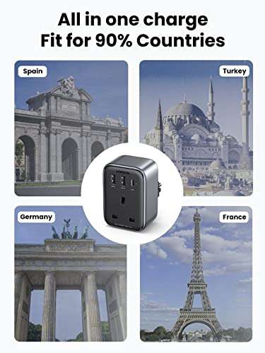 UGREEN UK to European Plug Adapter Travel Adapter with USB C PD 30W GaN Fast 4-in-1 Travel Plugs (UGREEN Group FBA)