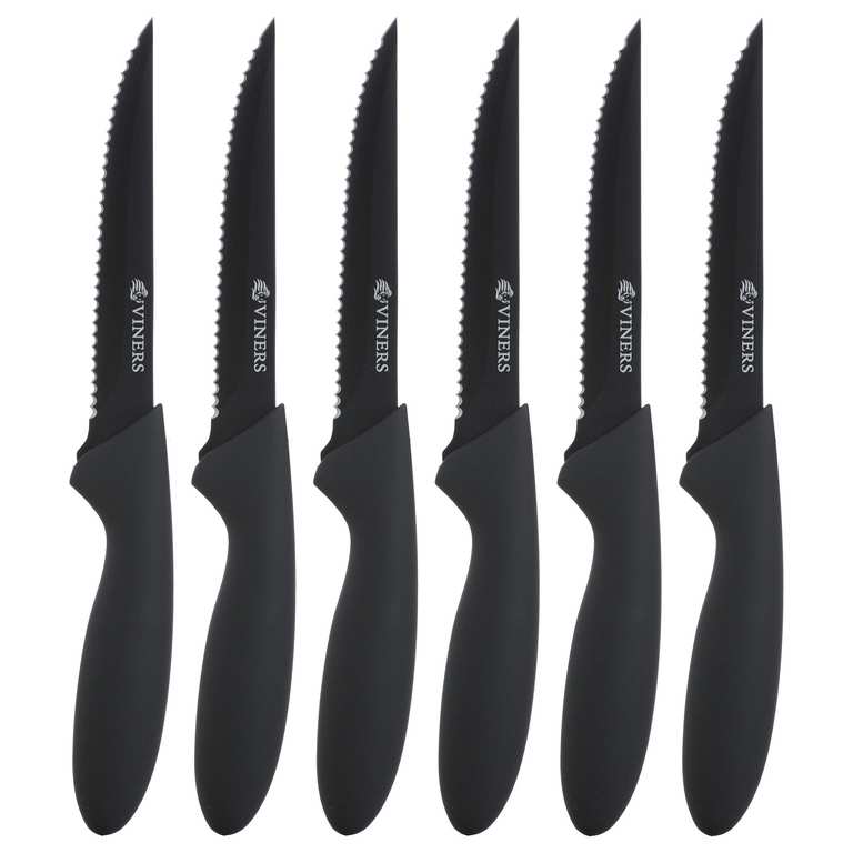Viners Everyday Steak Knives | Set of 6 Stainless Steel Knives | Black Non-Stick Serrated Blades with Soft-Touch Handles