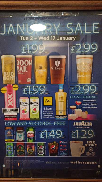 Wetherspoon January sale - drinks e.g. £1.29 Lavazza, £1.99 pints, £1.49 alcohol free, £2.99 cocktails, £2.99 Budweiser at most branches