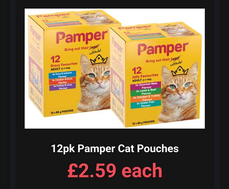 Pamper Wet Cat Food pouches MIXED flavours Jelly or Gravy (12 pouches x 85g)