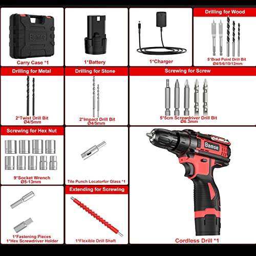 Bamse Cordless Drill Driver 12V, Electric Screwdriver, 2 Speed, 1 Battery 1.5Ah Included with voucher