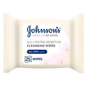 Johnson's Makeup Be Gone Extra-Sensitive Wipes, Pack of 25 £1.25 (£1.18 or £1 +15% voucher on 1st sub&save ) @ Amazon