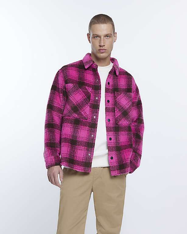 PINK OVERSIZED FIT FLEECE CHECK SHACKET + Free Click and collect