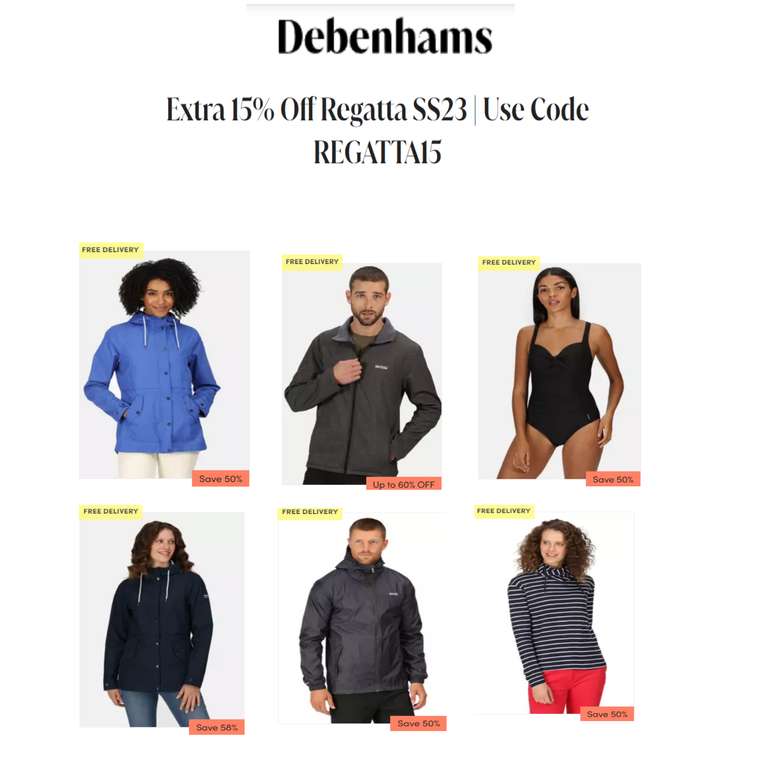 Extra 15% off the Up to 50% Regatta Sale + Free Delivery Sold & delivered by Regatta @ Debenhams