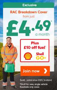 RAC Breakdown Cover/Shell Go+ Member/ from £4.49 per month 12m breakdown cover plus £10 off Fuel from Shell