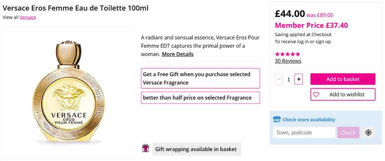 Versace Eros Femme Eau de Toilette 100ml + Free Versace Womens Folding Bag GWP (Members Price) + Free Click & Collect