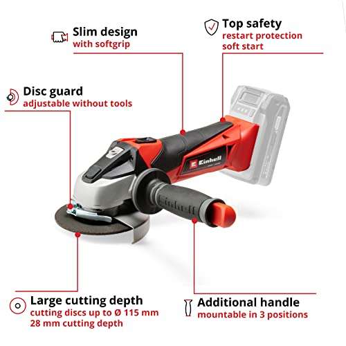 Einhell Power X-Change 115mm (4 Inch) Cordless Angle Grinder - TE-AG 18/115 Li Solo Power Tool (Battery Not Included)