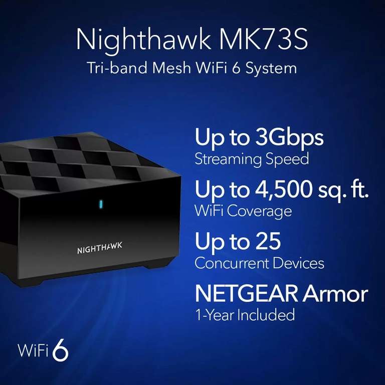 Netgear Nighthawk MK73S Dual-Band WiFi 6 Mesh System, 3Gbps, Router and 2 Satellites MK73S-100EUS - Discount At Checkout