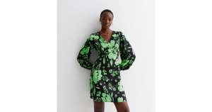 Tall Green Floral Satin Long Sleeve Button Front Mini Dress - £13 (+£2.99 Delivery) @ New Look