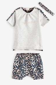 Next Leopard Print Grey and Pink Baby 3 Piece T-Shirt, Shorts and Headband Set (0mths-2yrs) £3-£4 delivered to store