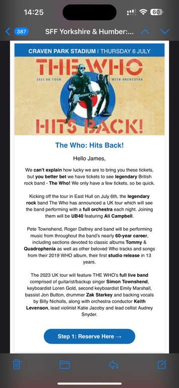 The Who Hits back tickets for Hull just pay admin charges £15 each ticket @ ShowFilmFirst
