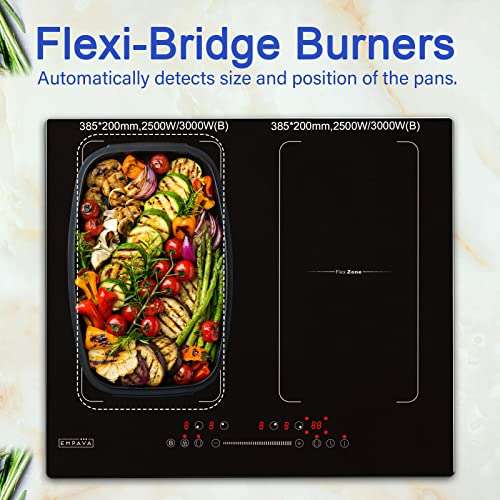 Empava Induction Hob, Electric Cooker Built-In 4 Zones, Double Flex Zones for BBQ Function - 7000W