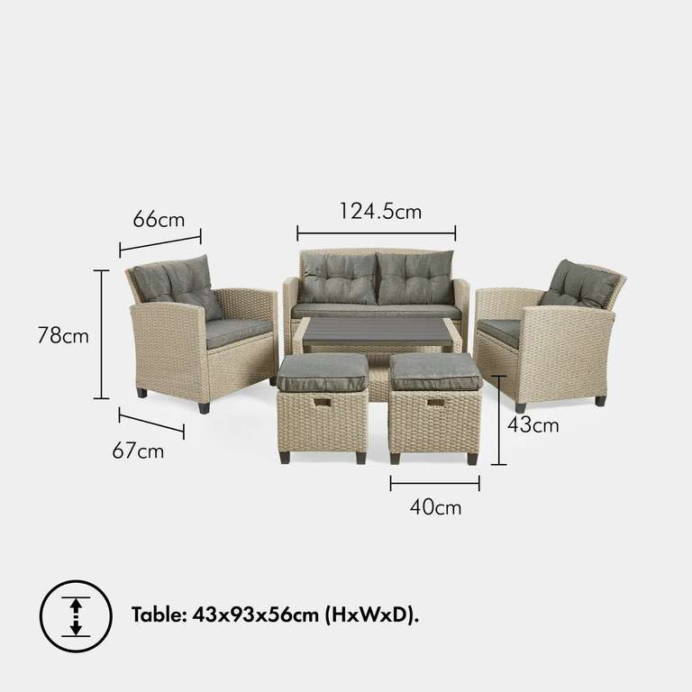 6 Seater Garden Rattan Sofa Set With Cushions - Sofa, 2 Chairs, 2 Stools & Table - Use 10% Discount Code via domu-uk