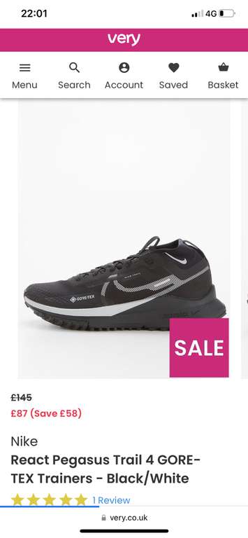 Nike React Pegasus Trail 4 GORE-TEX Trainers - Black/White £87 + Free Collection @ Very